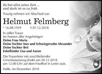 Traueranzeige von Helmut Felmberg von Mitteldeutsche Zeitung Halle/Saalkreis
