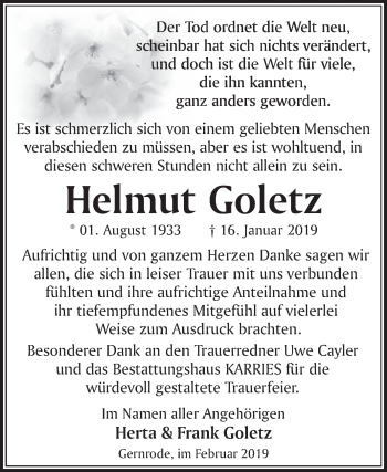 Traueranzeige von Helmut Goletz von WVG - Wochenspiegel Quedlinburg
