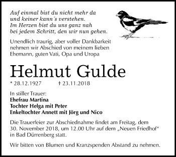 Traueranzeige von Helmut Gulde von Mitteldeutsche Zeitung Merseburg/Querfurt