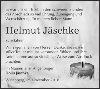 Traueranzeige von Helmut Jäschke von Super Sonntag Wittenberg