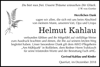 Traueranzeige von Helmut Kahlau von Mitteldeutsche Zeitung Merseburg/Querfurt