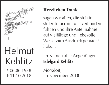 Traueranzeige von Helmut Kehlitz von WVG - Wochenspiegel Wittenberg