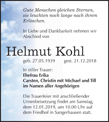Traueranzeige von Helmut Kohl von Super Sonntag SGH Mansf. Land
