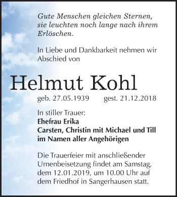 Traueranzeige von Helmut Kohl von Mitteldeutsche Zeitung Sangerhausen