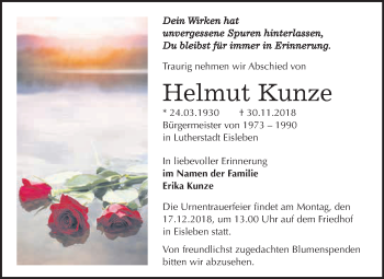Traueranzeige von Helmut Kunze von Wochenspiegel Mansfelder Land