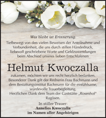 Traueranzeige von Helmut Kwoczalla von Mitteldeutsche Zeitung Dessau-Roßlau