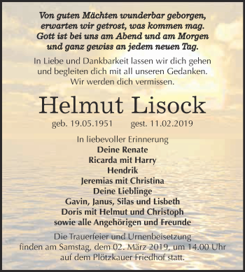 Traueranzeige von Helmut Lisock von Super Sonntag Bernburg