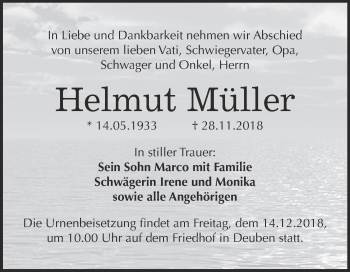 Traueranzeige von Helmut Müller von WVG - Wochenspiegel NMB / WSF / ZTZ