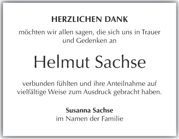 Traueranzeige von Helmut Sachse von Super Sonntag Wittenberg