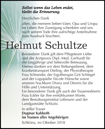 Traueranzeige von Helmut Schultze von Mitteldeutsche Zeitung Wittenberg