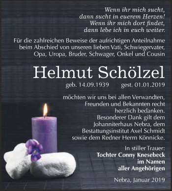 Traueranzeige von Helmut Schölzel von WVG - Wochenspiegel NMB / WSF / ZTZ
