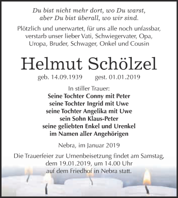 Traueranzeige von Helmut Schölzel von WVG - Wochenspiegel NMB / WSF / ZTZ
