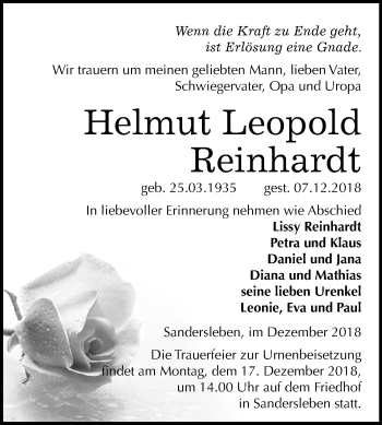 Traueranzeige von Helmut Leopold Reinhardt von Mitteldeutsche Zeitung Aschersleben