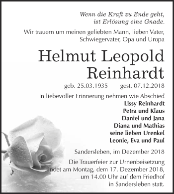 Traueranzeige von Helmut Leopold Reinhardt von Wochenspiegel Mansfelder Land