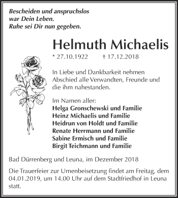 Traueranzeige von Helmuth Michaelis von Super Sonntag Merseburg