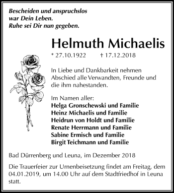 Traueranzeige von Helmuth Michaelis von Mitteldeutsche Zeitung Merseburg/Querfurt