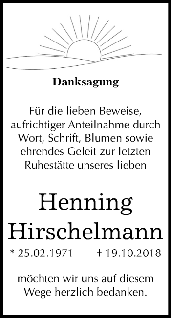 Traueranzeige von Henning Hirschelmann von Mitteldeutsche Zeitung Dessau-Roßlau
