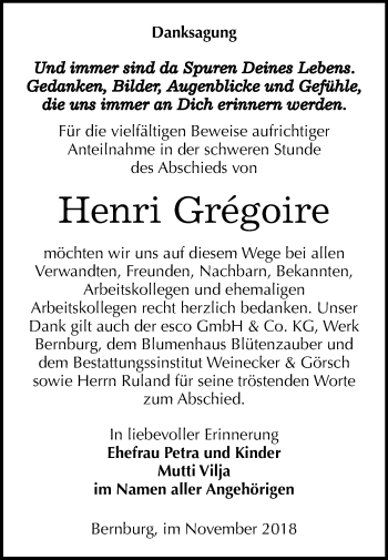 Traueranzeige von Henri Gregoire von Mitteldeutsche Zeitung Bernburg