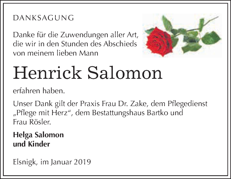  Traueranzeige für Henrick Salomon vom 05.01.2019 aus WVG - Wochenspiegel Dessau / Köthen