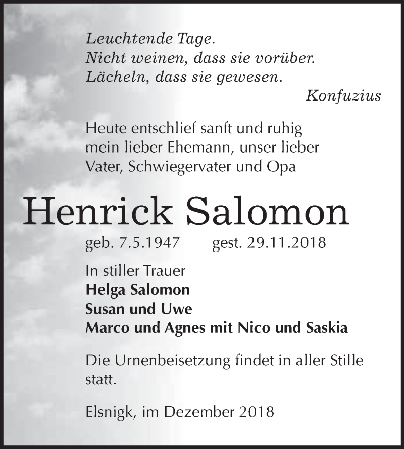  Traueranzeige für Henrick Salomon vom 08.12.2018 aus WVG - Wochenspiegel Dessau / Köthen