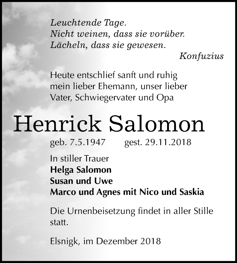  Traueranzeige für Henrick Salomon vom 08.12.2018 aus Mitteldeutsche Zeitung Köthen
