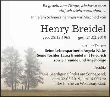 Traueranzeige von Henry Breidel von WVG - Wochenspiegel NMB / WSF / ZTZ