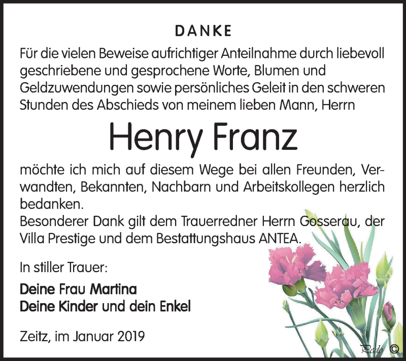  Traueranzeige für Henry Franz vom 12.01.2019 aus Mitteldeutsche Zeitung Zeitz