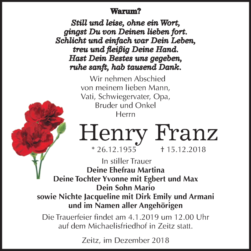  Traueranzeige für Henry Franz vom 22.12.2018 aus Mitteldeutsche Zeitung Zeitz