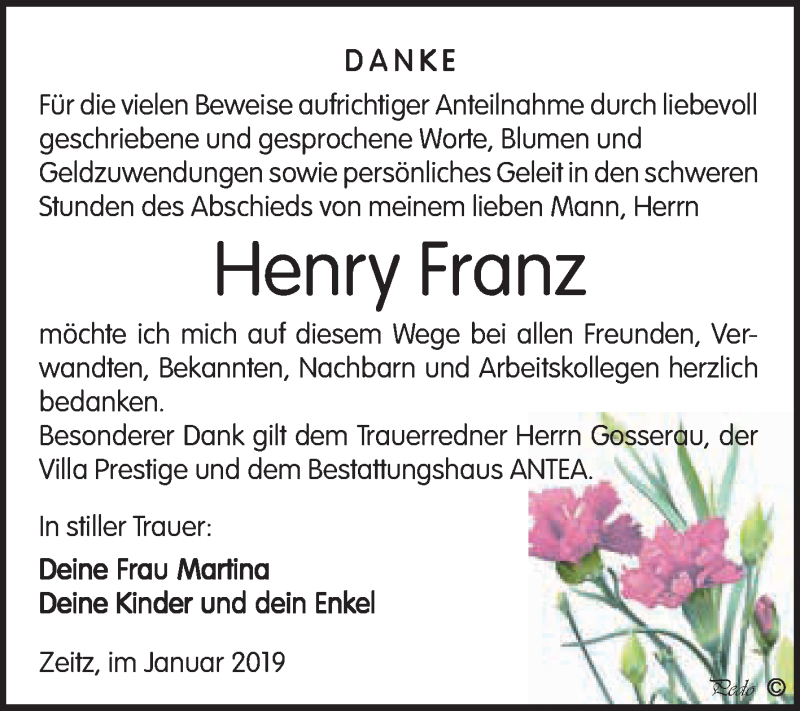  Traueranzeige für Henry Franz vom 12.01.2019 aus Super Sonntag Zeitz