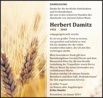 Traueranzeige von Herbert Damitz von Mitteldeutsche Zeitung Quedlinburg