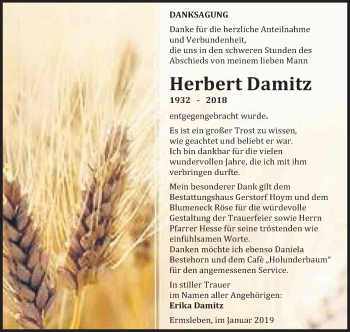 Traueranzeige von Herbert Damitz von Super Sonntag Aschersleben