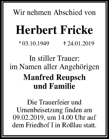 Traueranzeige von Herbert Fricke von Mitteldeutsche Zeitung Dessau-Roßlau