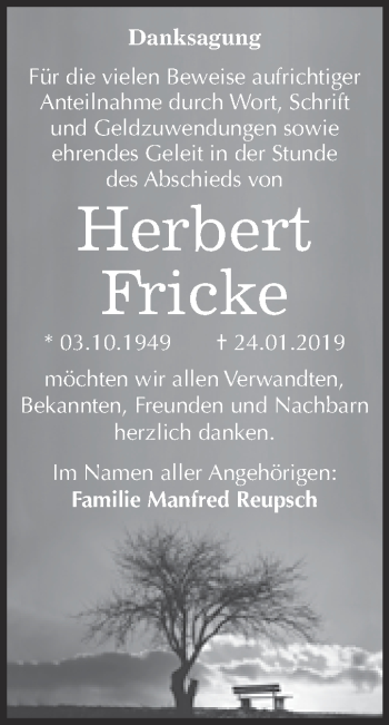 Traueranzeige von Herbert Fricke von WVG - Wochenspiegel Dessau / Köthen