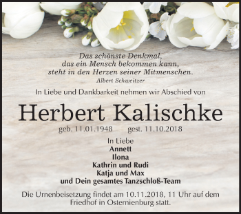 Traueranzeige von Herbert Kalischke von Mitteldeutsche Zeitung Köthen