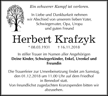 Traueranzeige von Herbert Krafzyk von Mitteldeutsche Zeitung Aschersleben