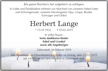 Traueranzeige von Herbert Lange von Wochenspiegel Mansfelder Land