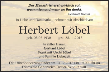 Traueranzeige von Herbert Löbel von WVG - Wochenspiegel Bitterfeld
