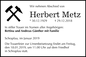 Traueranzeige von Herbert Metz von Mitteldeutsche Zeitung Merseburg/Querfurt