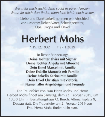 Traueranzeige von Herbert Mohs von WVG - Wochenspiegel Dessau / Köthen