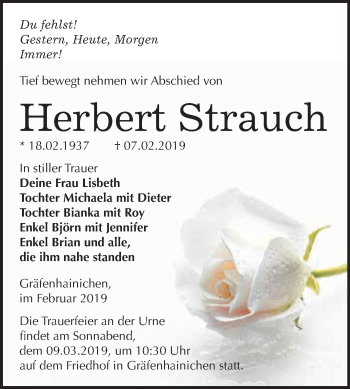 Traueranzeige von Herbert Strauch von WVG - Wochenspiegel Wittenberg