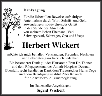Traueranzeige von Herbert Wickert von WVG - Wochenspiegel Dessau / Köthen