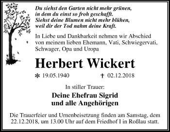 Traueranzeige von Herbert Wickert von WVG - Wochenspiegel Dessau / Köthen