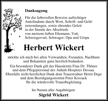 Traueranzeige von Herbert Wickert von Mitteldeutsche Zeitung Dessau-Roßlau