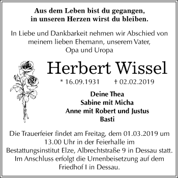 Traueranzeige von Herbert Wissel von WVG - Wochenspiegel Dessau / Köthen