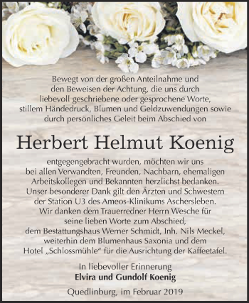 Traueranzeige von Herbert Helmut Koenig von Super Sonntag Quedlinburg