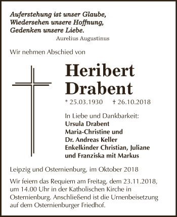 Traueranzeige von Heribert Drabent von WVG - Wochenspiegel Dessau / Köthen