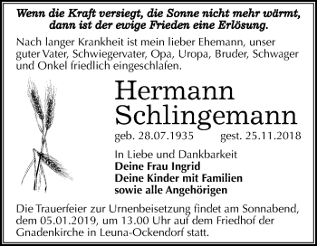 Traueranzeige von Hermann Schlingemann von Mitteldeutsche Zeitung Merseburg/Querfurt