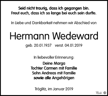 Traueranzeige von Hermann Wedeward von Super Sonntag Zeitz