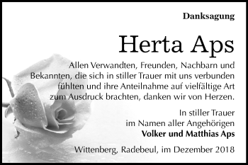 Traueranzeige von Herta Aps von Mitteldeutsche Zeitung Wittenberg
