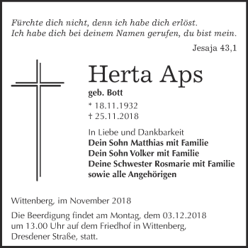 Traueranzeige von Herta Aps von WVG - Wochenspiegel Wittenberg